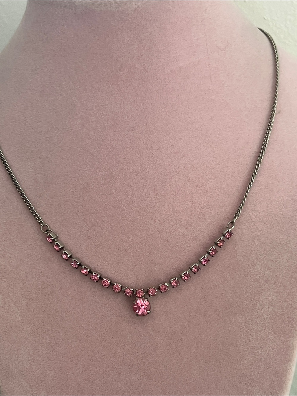 Silver-Tone Pink Crystal Pendant Necklace